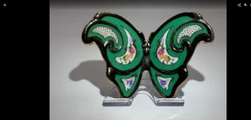 House of Faberge Butterfly Figurine Green Paisley Floral Gold Trim with Stand